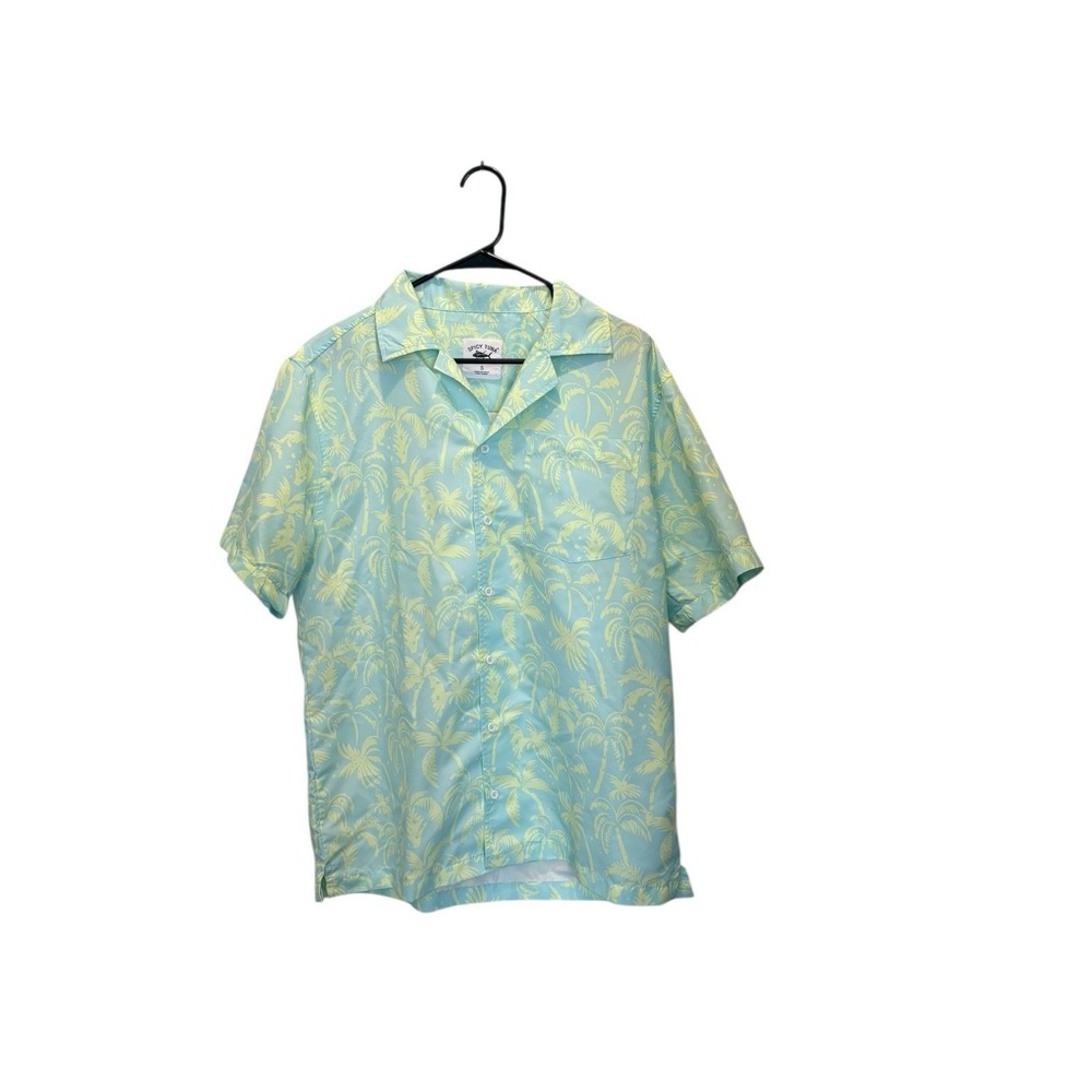 Spicy Tuna Shirt Mens Green Yellow Palm Tree AOP Short Sleeve Camp Tropical Fish